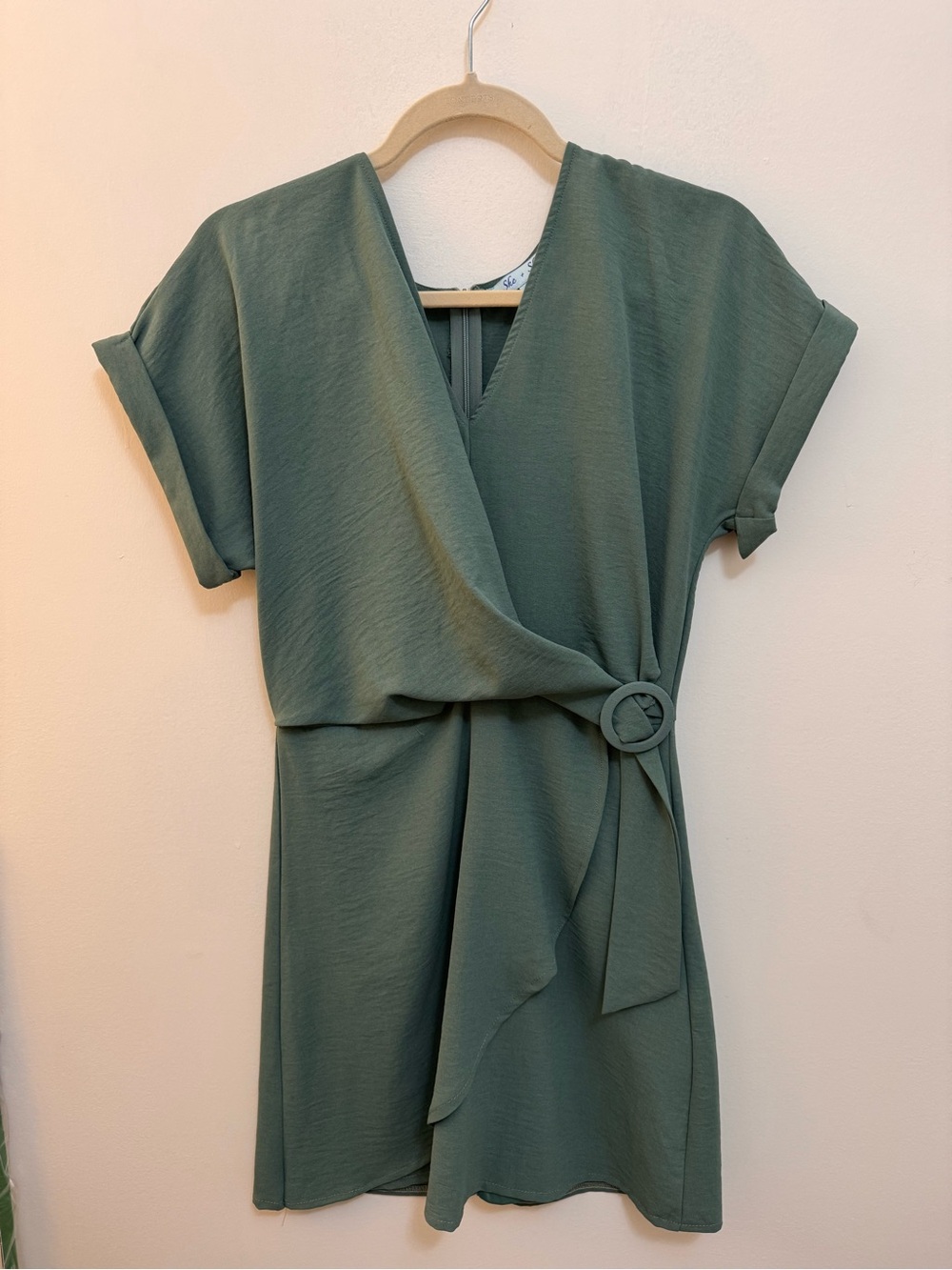 She + Sky Sage Green Wrap Belted Mini Dress